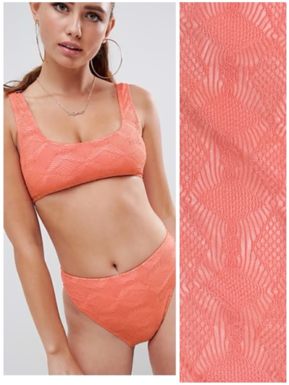 ASOS DESIGN Fuller Bust 34G Scoop Crop Bikini Top Crochet Lace Coral Orange Pink